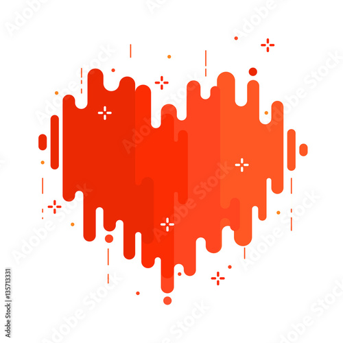 Heart dynamic wavy form with irregular parallel rounded lines and geometric small particle and dots. Isolated on white background. Flat / line style.