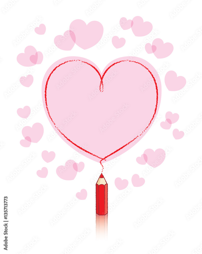 Red Pencil Drawing Heart Shape with Pink fill with Border