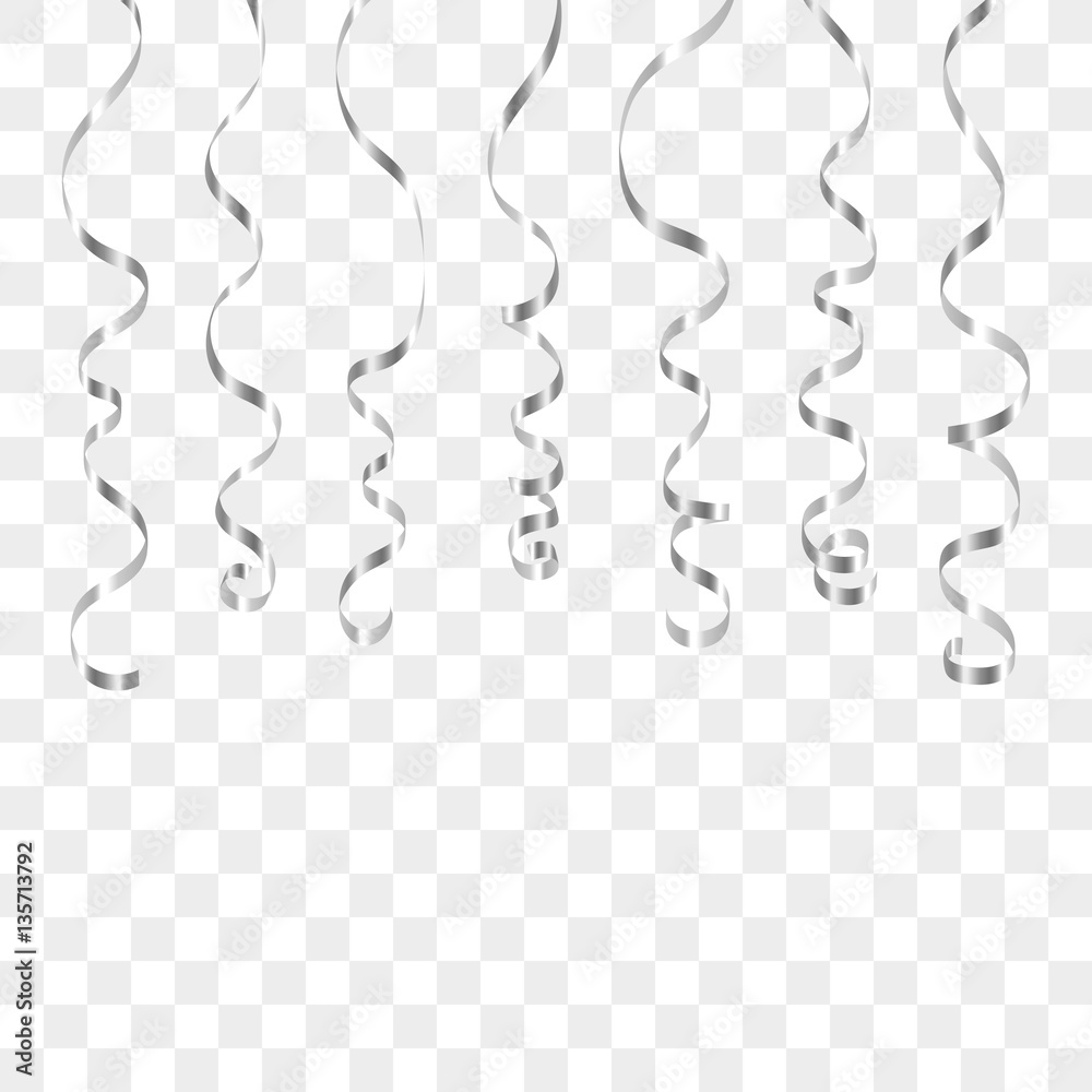 Silver curly ribbons. Serpentine on white transparent background. Colorful  streamers. Design decoration party, birthday, Christmas, New Year  celebration, anniversary, carnival Vector illustration Stock Vector