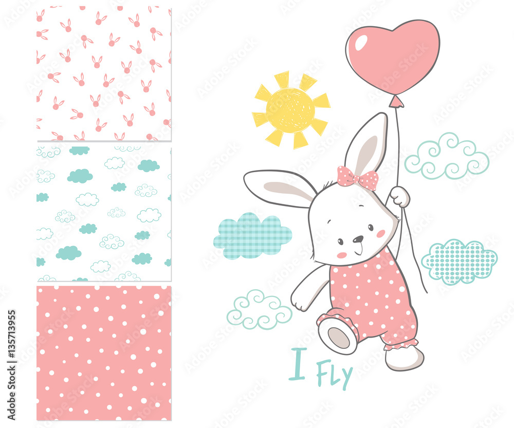 Little Bunny is flying in a balloon. Surface pattern and 3 seaml Little Bunny is flying in a balloon. Surface pattern and 3 seaml