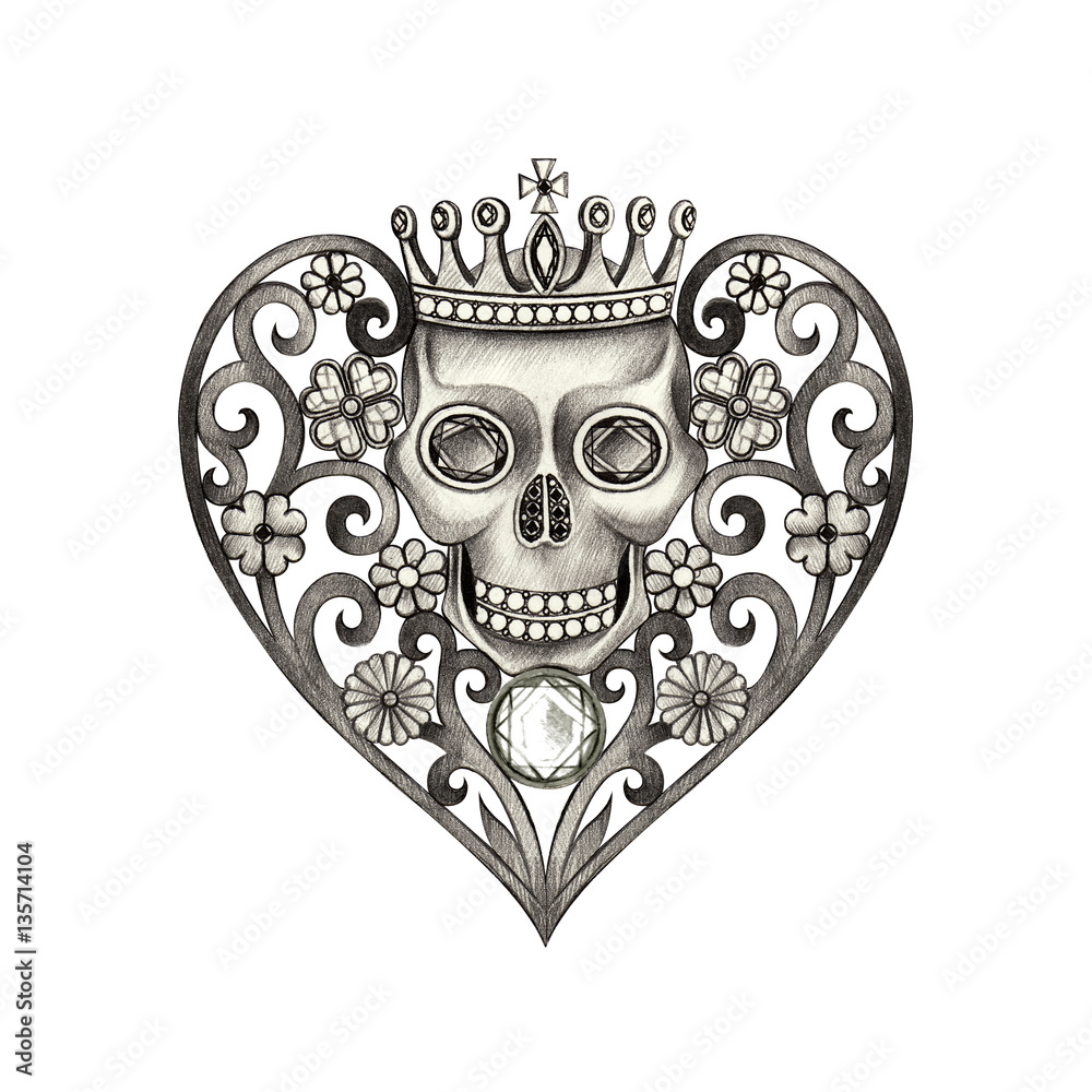 Skull heart tattoo. Art design skull mix heart and graphic for tattoo