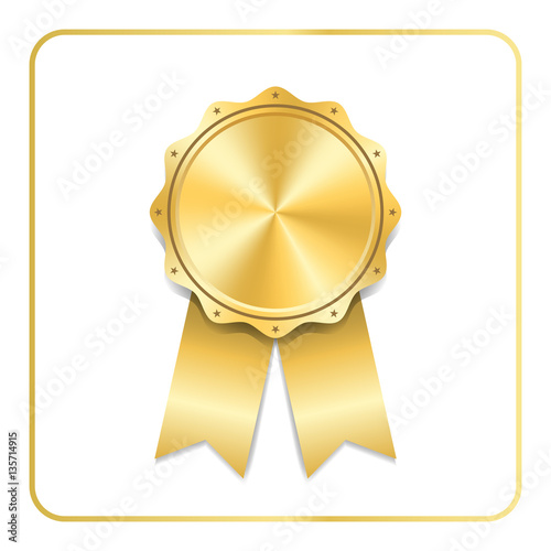 Award ribbon gold icon. Blank medal isolated on white background. Stamp rosette design trophy. Golden emblem. Symbol of winner, celebration, sport achievement, champion. Vector illustration