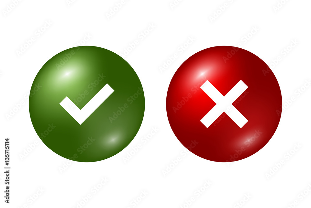 Tick and cross signs. Green checkmark OK and red X icons, isolated on white background. Marks graphic design. Circle symbols YES and NO button for vote, decision, web. Vector illustration Tick and cross signs. Green checkmark OK and red X icons, isolated on white background. Marks graphic design. Circle symbols YES and NO button for vote, decision, web. Vector illustration