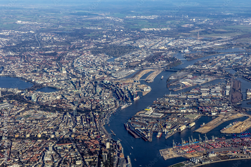 aerial of city of Hamburg in the afternoon
