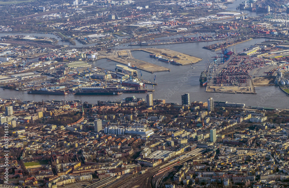 aerial of city of Hamburg in the afternoon