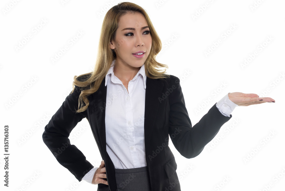 Asian businesswoman present open palm isolated Asian businesswoman present open palm isolated