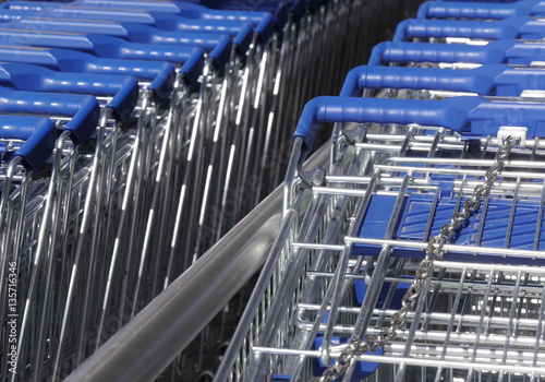 Telephoto view of rows of supermarket trolleys