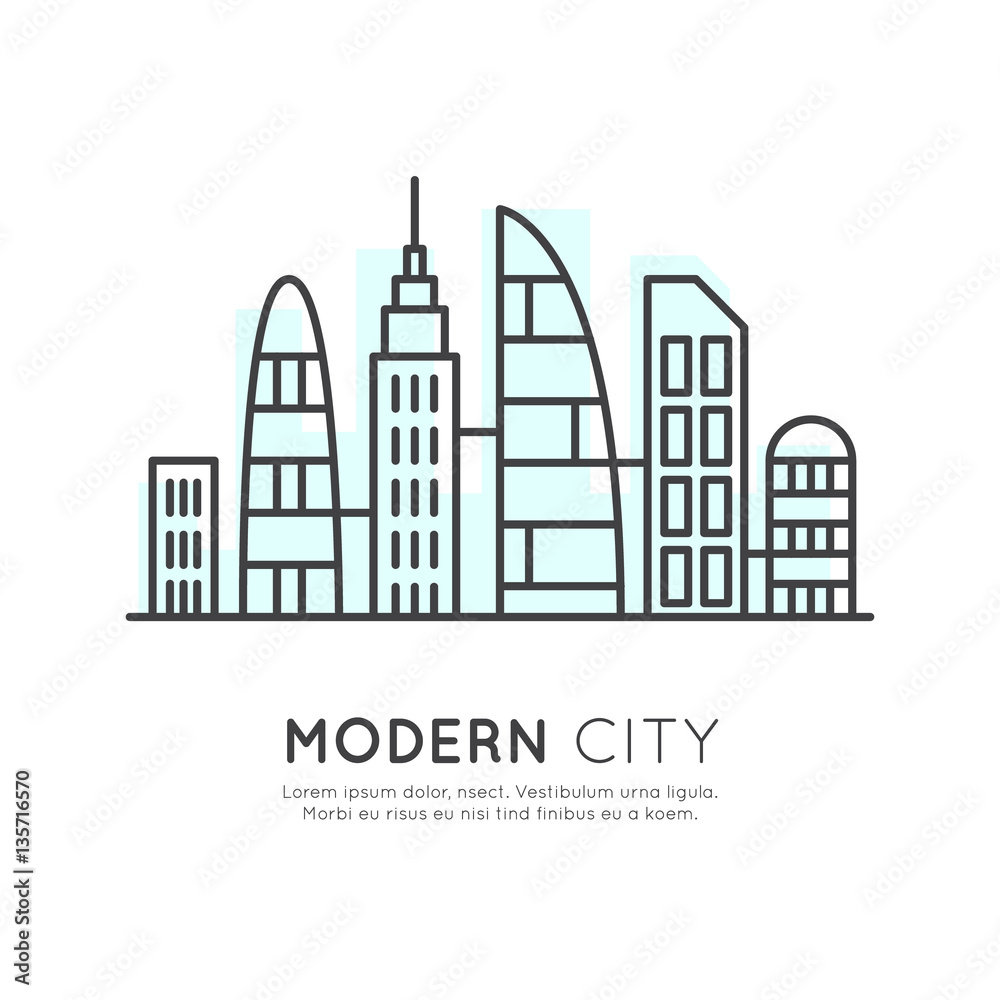 Vector Icon Style Illustration of  Smart Modern City, New Eco District, Skyscraper Town Concept, One page web site background
