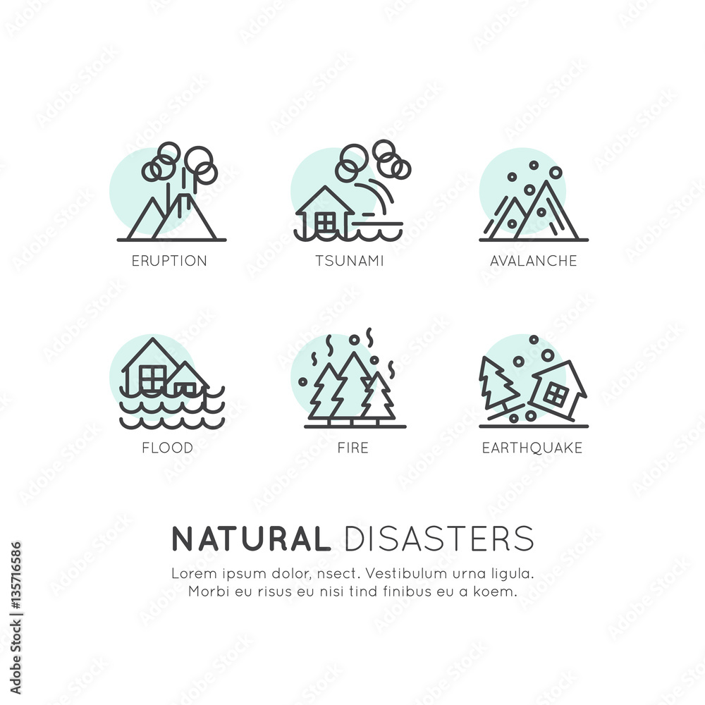 Vector Icon Style Illustration of Natural Disasters, Catastrophe, Global Warming, Flood, Eruption, Earthquake Vector Icon Style Illustration of Natural Disasters, Catastrophe, Global Warming, Flood, Eruption, Earthquake