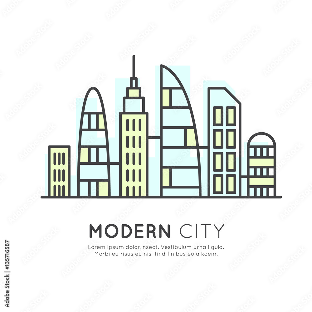 Vector Icon Style Illustration of  Smart Modern City, New Eco District, Skyscraper Town Concept, One page web site background