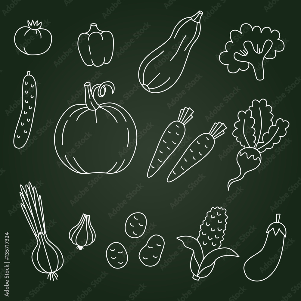 Vegetables doodles drawings vector set