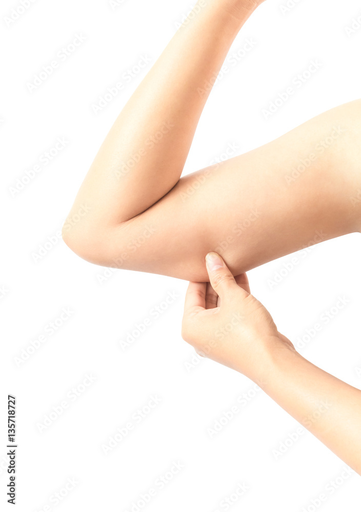 Woman hand checking her upper arm with white background Woman hand checking her upper arm with white background