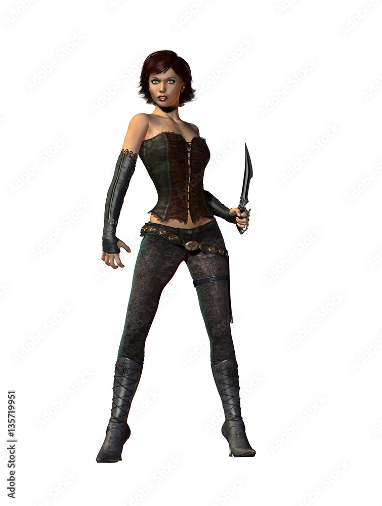a fantasy woman with corset armed with a dagger, 3d illustration a fantasy woman with corset armed with a dagger, 3d illustration