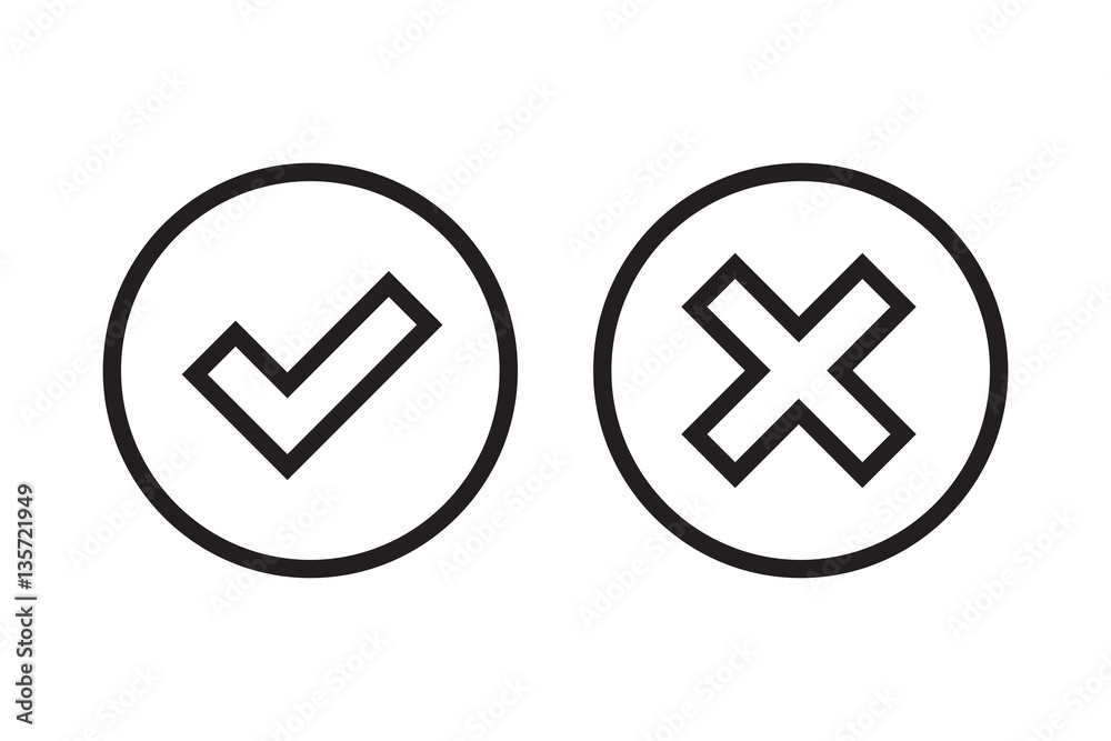 Tick and cross black signs. Gray checkmark OK and X icons, isolated on white background. Simple marks graphic design. Circle symbols YES and NO button for vote, decision, web. Vector illustration Tick and cross black signs. Gray checkmark OK and X icons, isolated on white background. Simple marks graphic design. Circle symbols YES and NO button for vote, decision, web. Vector illustration