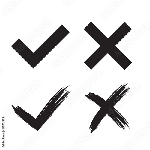 Tick and cross grunge and simple signs. Black checkmark OK and X icons, isolated on white background. Marks design. symbols YES and NO button for vote, decision, web. Vector illustration