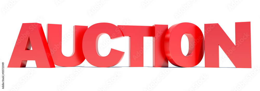 Auction red text on wide banner on white background 3D render Auction red text on wide banner on white background 3D render