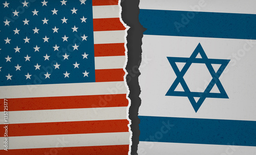 Flag of USA and Israel torn apart - Political Tension, Modern Flat 2.0 Design with paper rip, textures and drop shadow