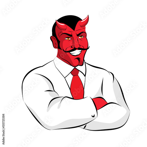 Satan boss. Devil businessman in white suit. Red demon with horn