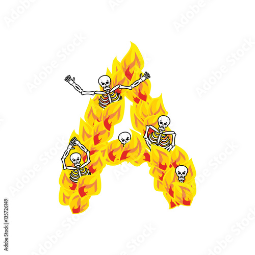 Letter A hellish flames and sinners font. Fiery lettering. Infer