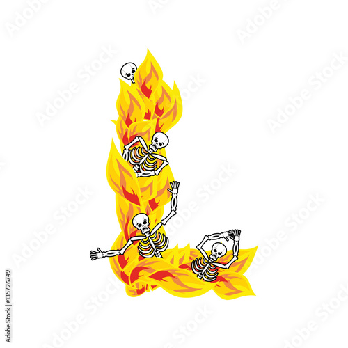 Letter L hellish flames and sinners font. Fiery lettering. Infer