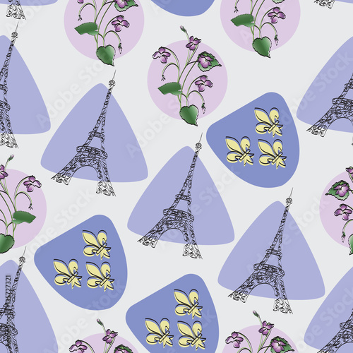 Eiffel tower, violet and Royal lilies. Seamless pattern. Design for textiles, tapestries, gift packaging, the symbol of Paris.