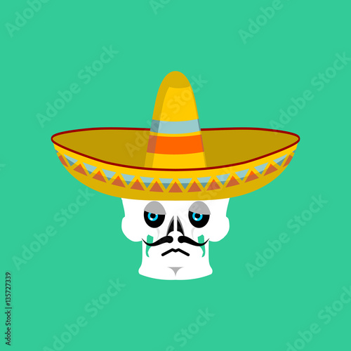 Skull in sombrero sad Emoji. Mexican skeleton for traditional fe