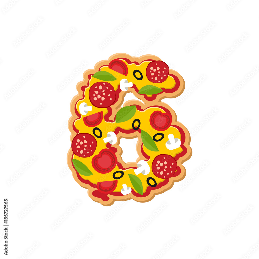 Number 6 pizza font. Italian meal alphabet numeral six. Lettring