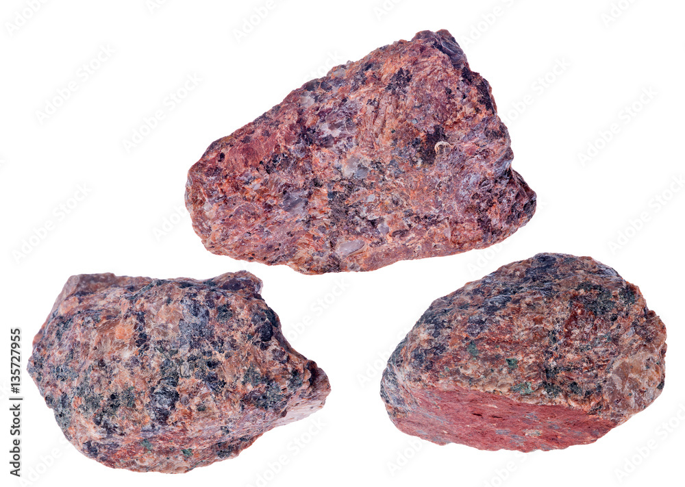 set of three red granites on white