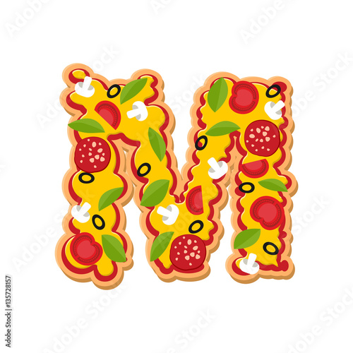Letter M pizza font. Italian meal alphabet. Lettring fast food