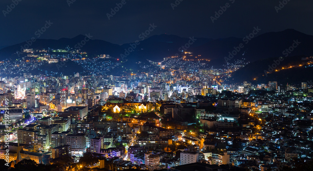 Nagasaki cityscape in Japan at night