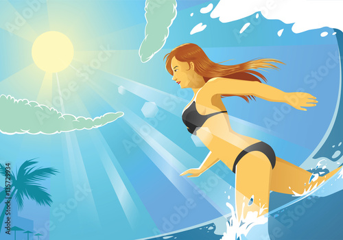 vector illustration of bikini girl running on the beach © alrino