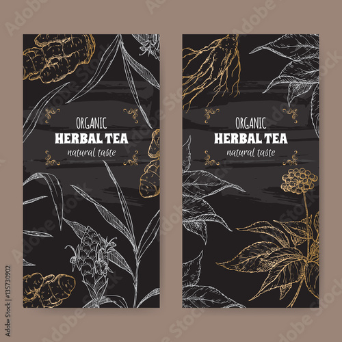 Two vector labels with ginger and ginseng sketch on black.