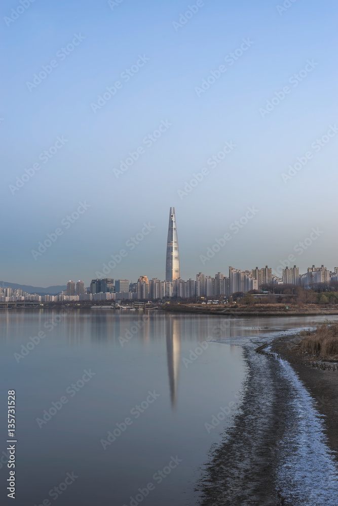 Twilight City Scape at Han River, Seoul City, The view from Cheongdam Road Park in Seoul, South Korea.