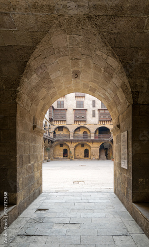 Vaulted entrance ntarnce of caravansary (Wikala) of Bazaraa, suited in Tombakshia street, Al Gamalia district, Medieval Cairo, Egypt