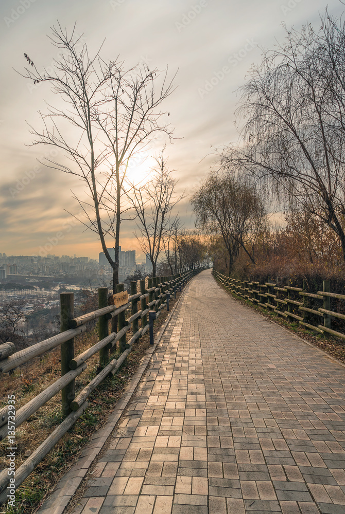 Empty Boardwalk in the Morning Sun with the Skyline of Seoul in the background, Seoul, South Korea Empty Boardwalk in the Morning Sun with the Skyline of Seoul in the background, Seoul, South Korea