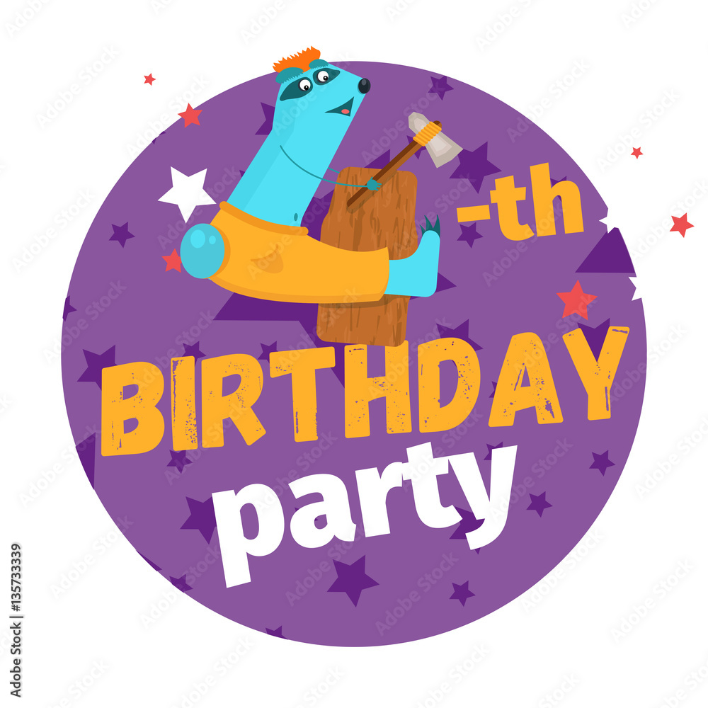 Fourth or 4-th birthday party greeting card or postcard. Cartoon