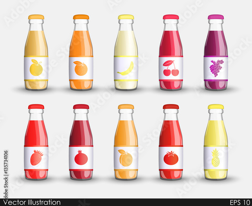 Set juice in a transparent glass bottle isolated containers