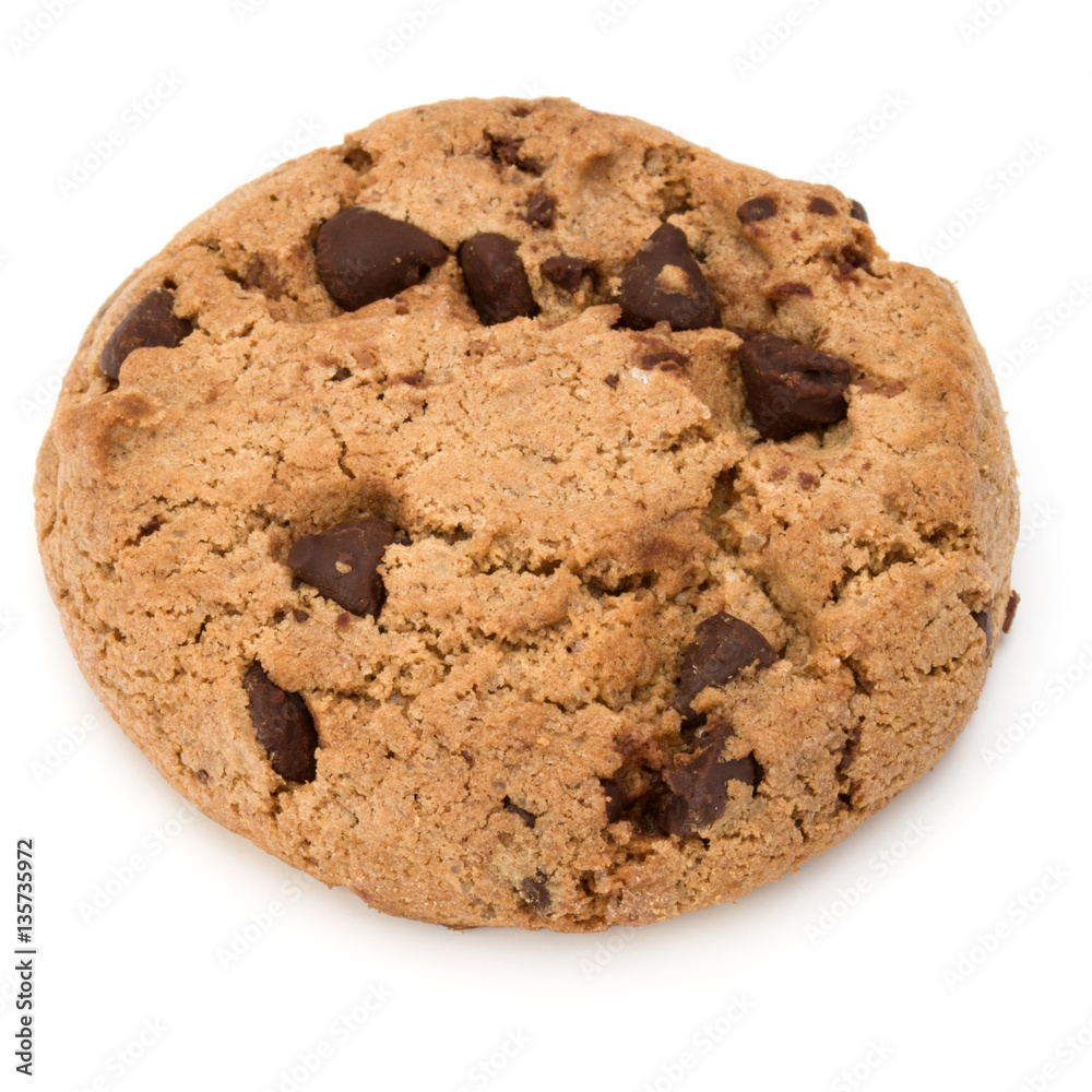 One Chocolate chip cookie isolated on white background. Sweet bi One Chocolate chip cookie isolated on white background. Sweet bi