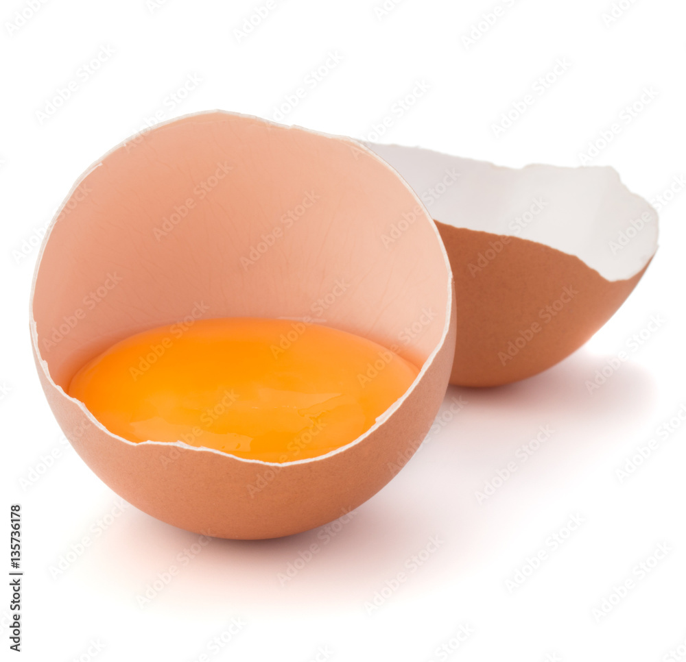Broken egg in eggshell half isolated on white background cutout Broken egg in eggshell half isolated on white background cutout