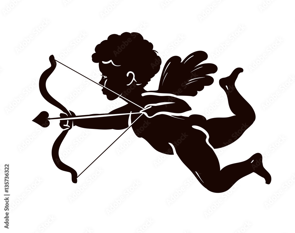 Silhouette angel, cupid or cherub with bow and arrow. Vector