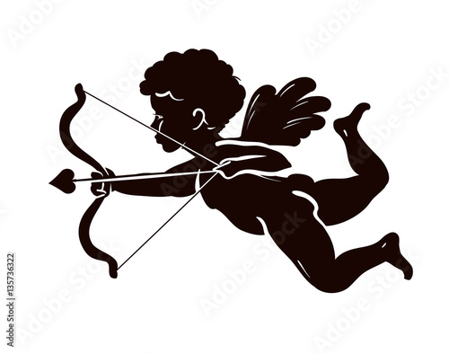 Fototapeta Silhouette angel, cupid or cherub with bow and arrow