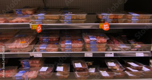 Grocery shopping in the meat department of a big supermarket