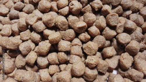 Dry dog or cat food rotate on table. Macro shot.