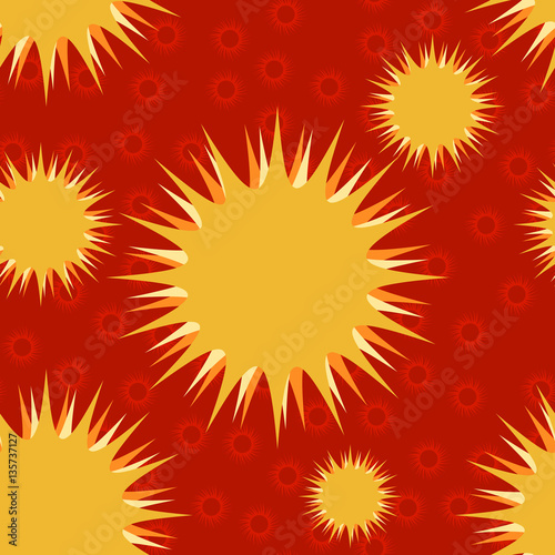 Abstract Shrovetide Seamless Pattern with Suns on Red Background . Vector Illustration for Celebration Holiday Design. 