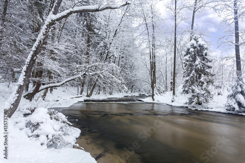 Poland - Roztocze, winter - small waterfalls on the river Tanew