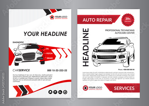 Set A4 auto repair business layout templates, automobile magazine cover, auto repair shop brochure, mockup flyer. Vector illustration.