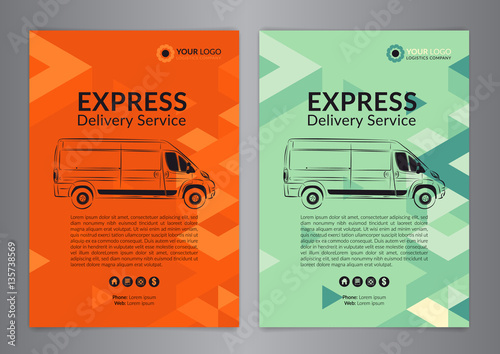 Set A4 Express delivery service brochure flyer design layout template. Delivery van magazine cover, mockup flyer. Vector illustration.