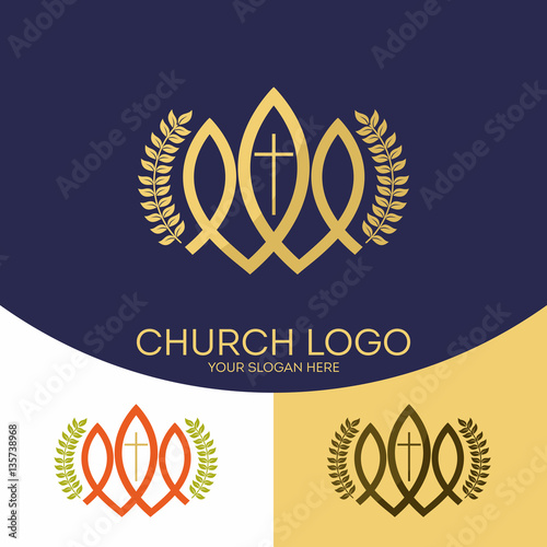 Church logo. Christian symbols. The cross of Jesus Christ and the fish - a symbol of the Savior.