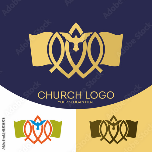 Church logo. Christian symbols. The Gospel, the Bible, the flame of the Holy Spirit, a dove and a symbol of Jesus Christ - a fish.