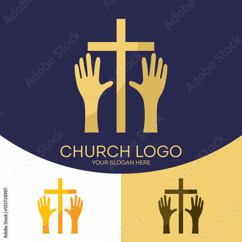 Church logo. Christian symbols. The cross of Jesus Christ, the hands that worship the Lord and glorify the Savior.